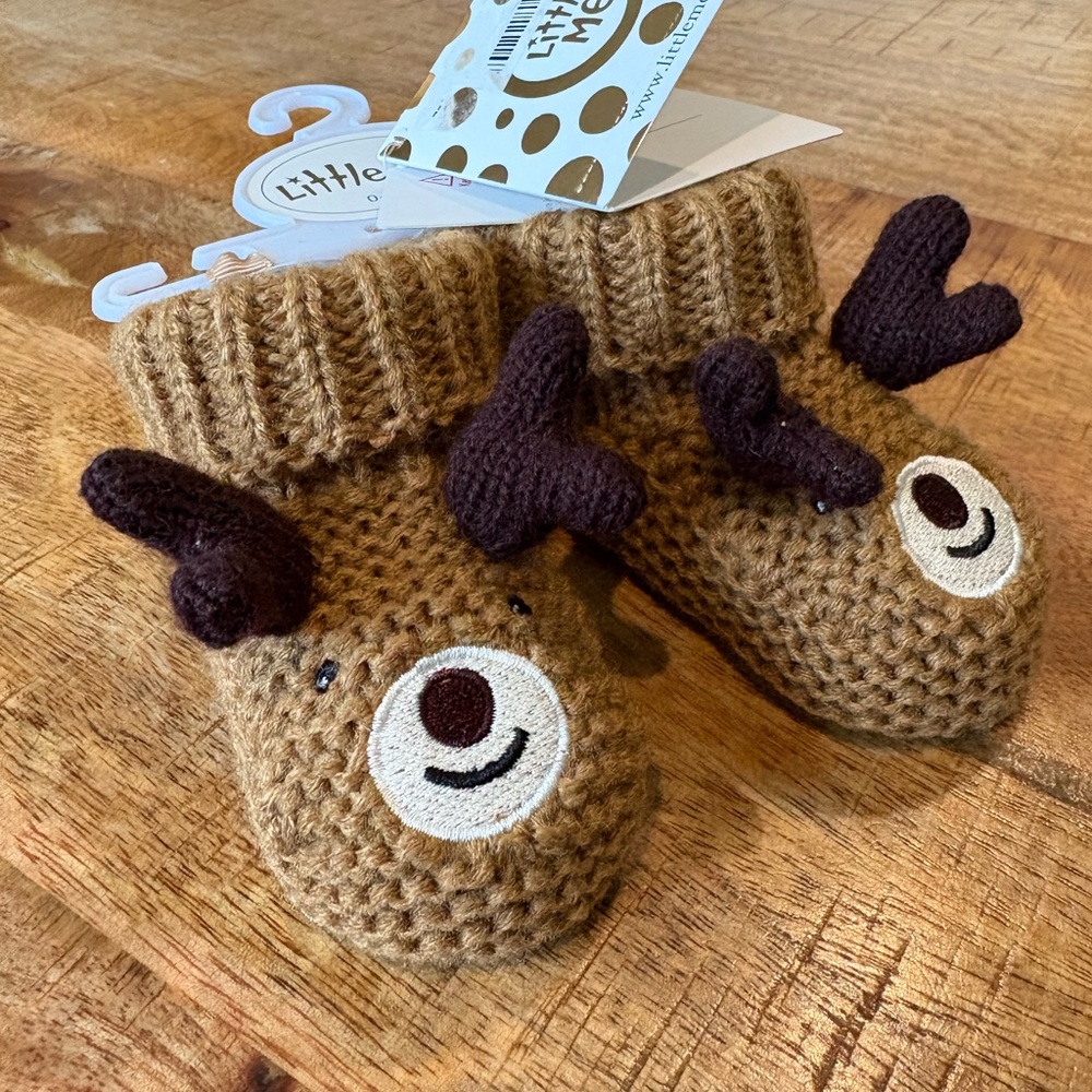 Little Me Tan Reindeer Knit Booties